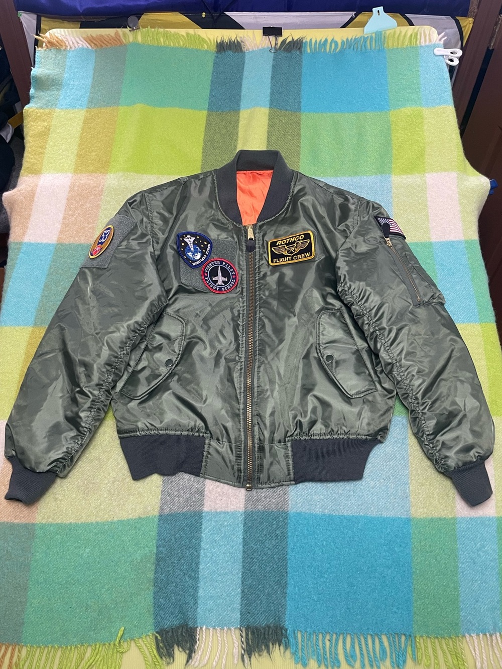 Rothco MA-1 Flight Bomber Jacket Green Patches Orange Lining Men’s